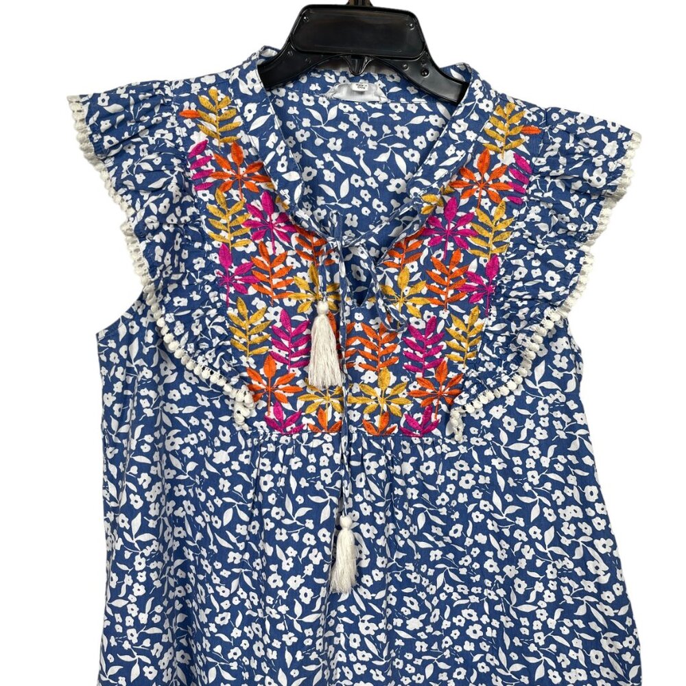 THML Shift Dress Large Blue White Floral Embroidered Tassel Crochet Boho Color - Picture 5 of 9